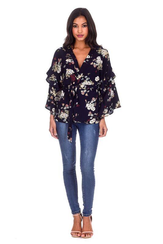 Navy Floral Print Wrap Top