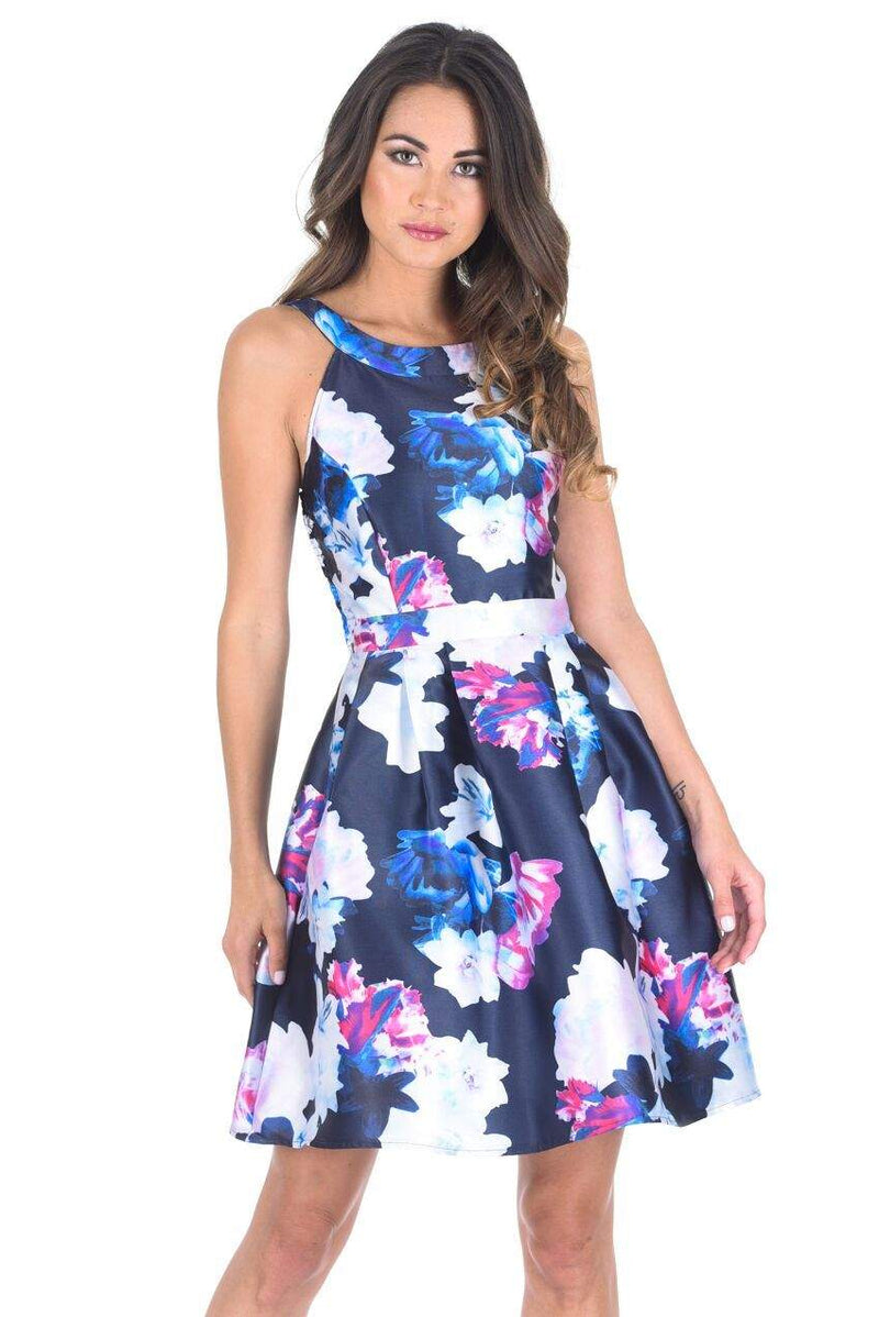 Navy Floral Printed Skater Dress With Elasticated Back