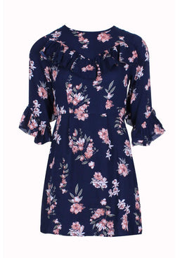 Navy Floral Skater Dress With V-Front Frill