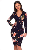 Navy Floral Sleeved Midi Dress