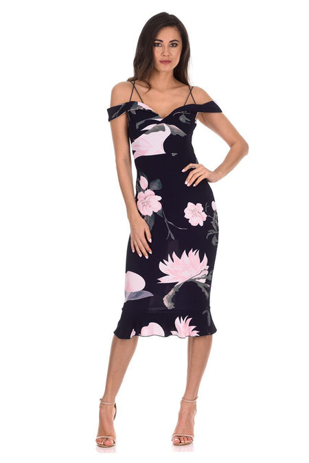 Navy Floral Fishtail Hem Midi Dress