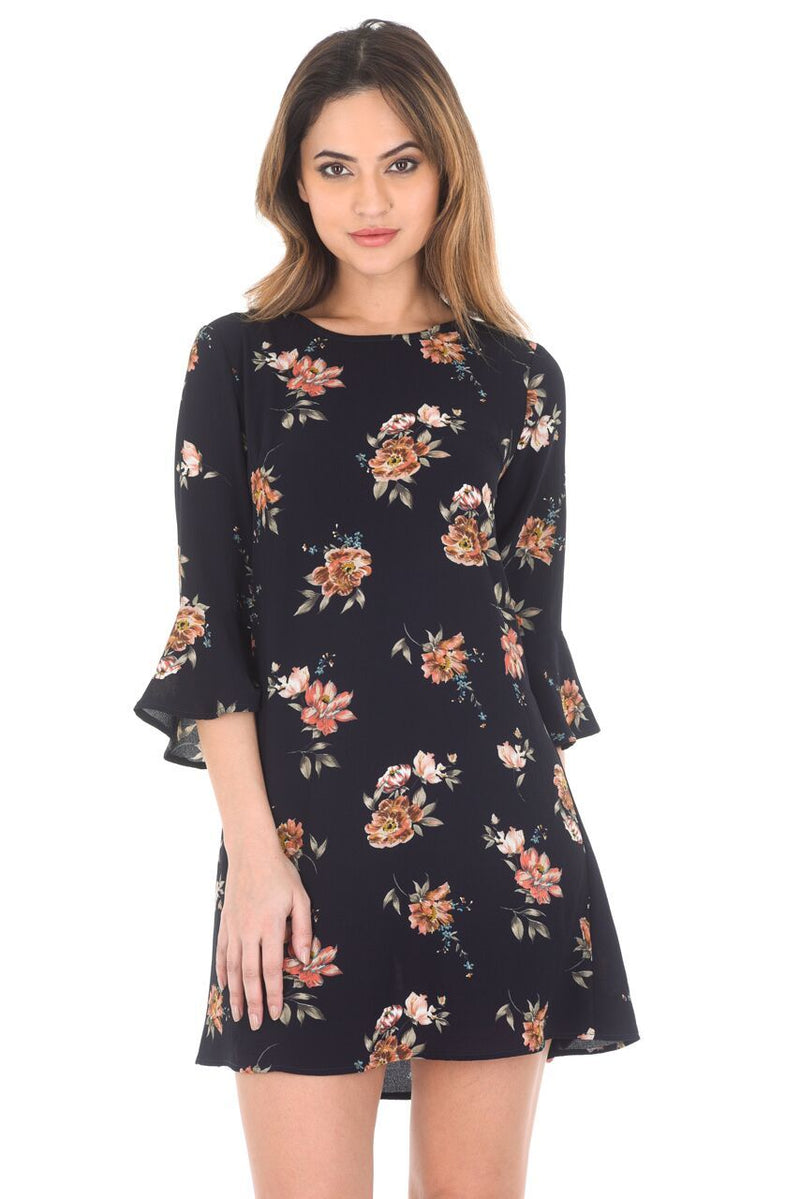 Navy Frill Sleeve Floral Printed Dress