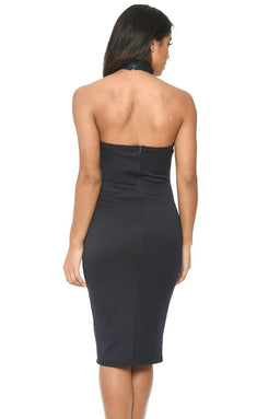 Navy Halterneck Choker Dress With Lace Detail
