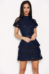 Navy High Neck Lace Layer Frill Mini Dress