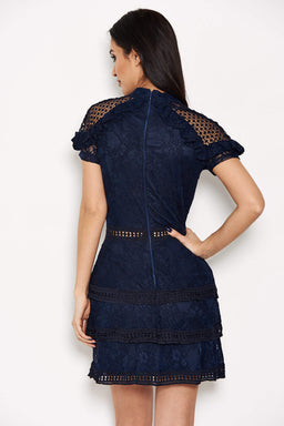 Navy High Neck Lace Layer Frill Mini Dress