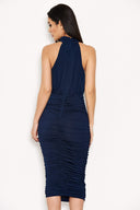 Navy High Neck Ruched Dress