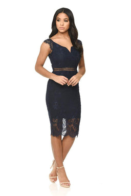 Navy Lace Bodycon Dress With Notch Front