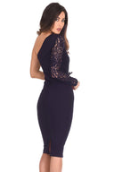 Navy Lace Detail Asymmetric Midi Dress