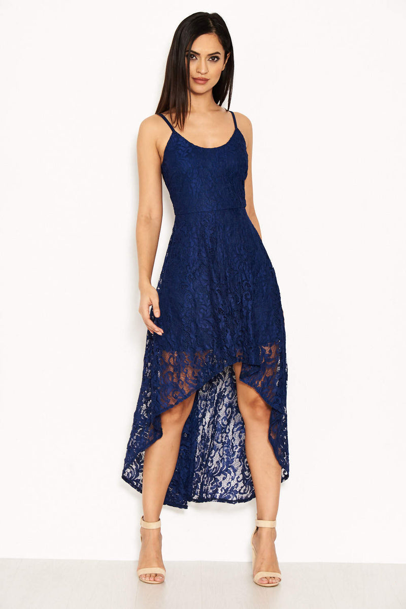 Navy Lace Dress With Waterfall Skirt