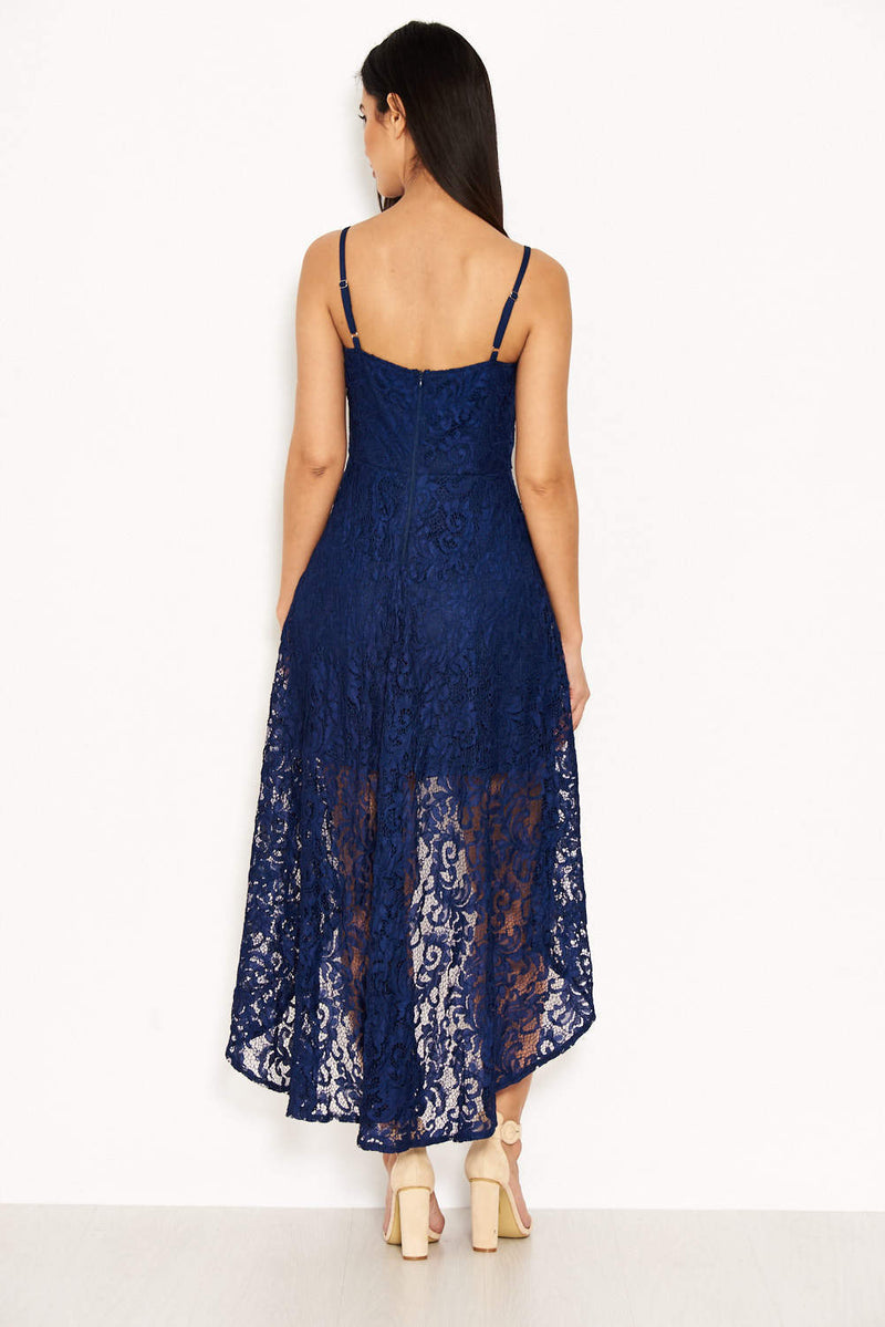 Navy Lace Dress With Waterfall Skirt