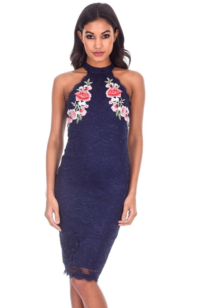 Navy Lace Floral Embroidery Midi Dress