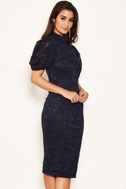 Navy Lace High Neck Puff Sleeve Midi Dress