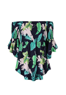 Navy Leaf Print Bardot Top