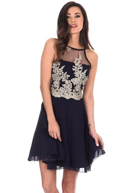 Navy Mesh Gold Embroidered Skater Dress