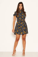 Navy Mixed Floral Frilled Skater Dress