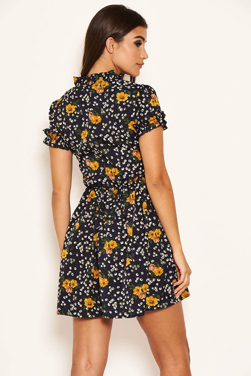 Navy Mixed Floral Frilled Skater Dress