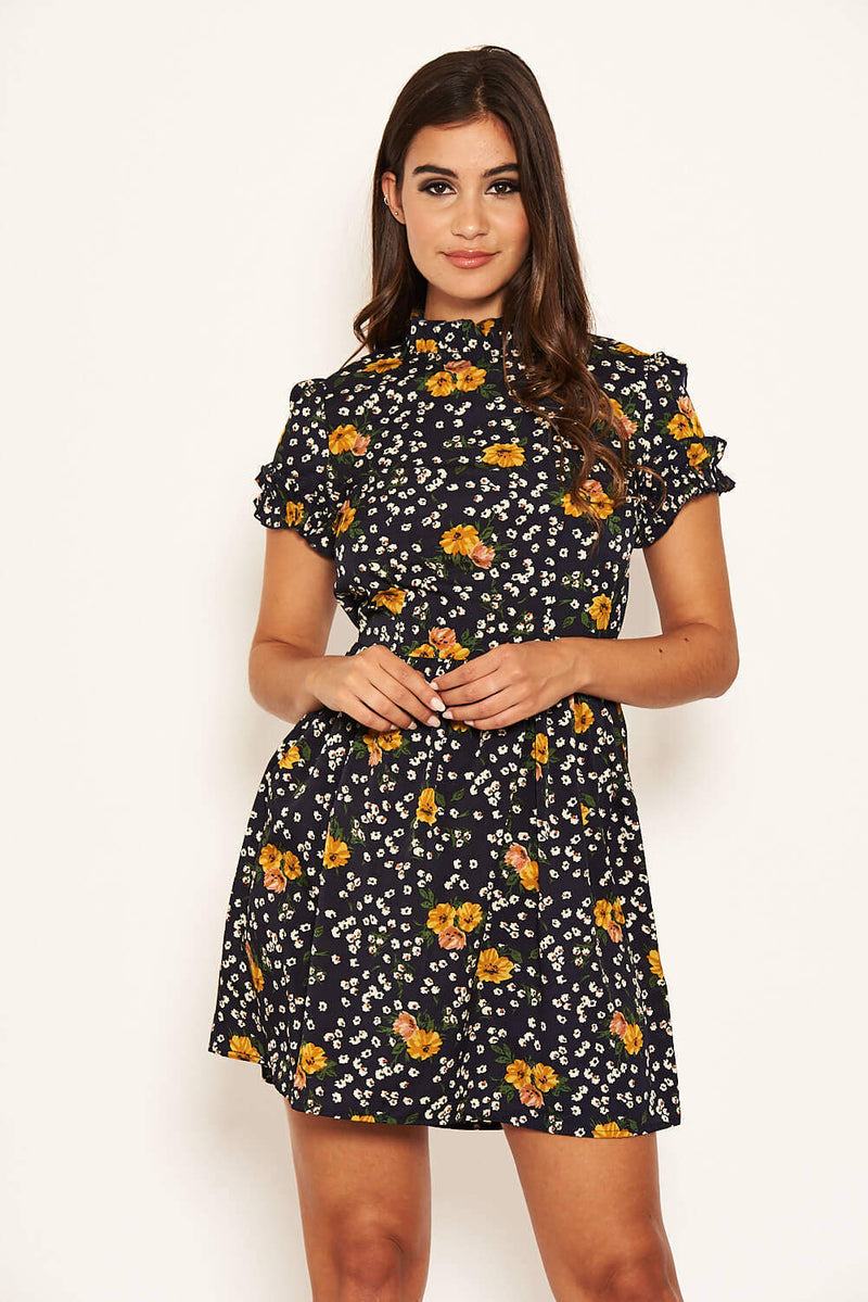 Navy Mixed Floral Frilled Skater Dress