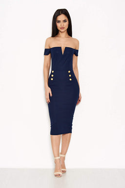 Navy Notch Button Front Dress