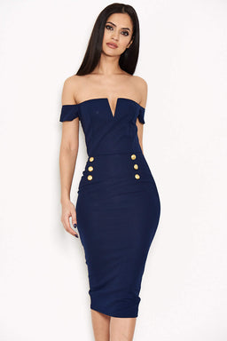 Navy Notch Button Front Dress