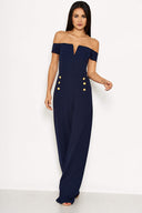 Navy Off The Shoulder Jumpsuit With Military Button Detail