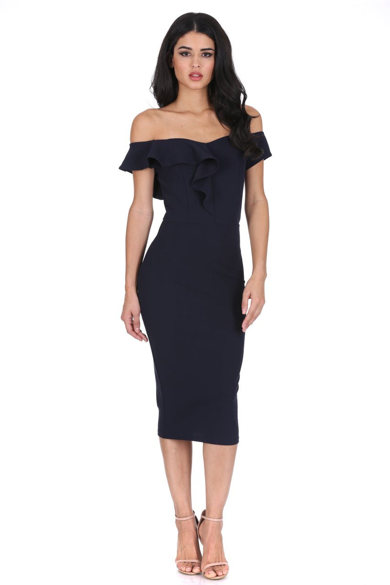 Navy Off The Shoulder Frill Detail Midi Dress