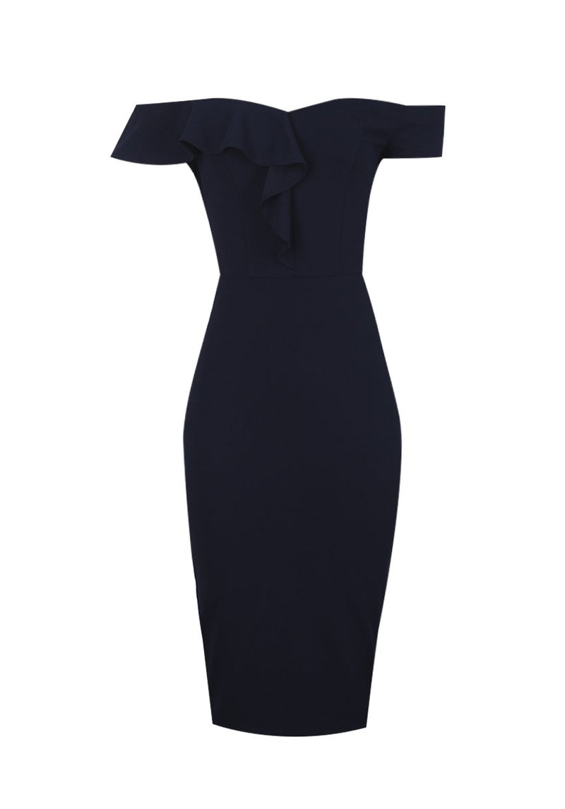 Navy Off The Shoulder Frill Detail Midi Dress