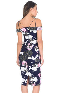 Navy Off Shoulder Floral Bodycon Midi Dress