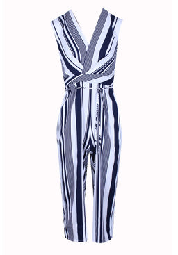 Navy Pinstripe Wrap Front Culotte Jumpsuit