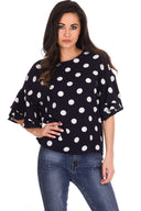 Navy Polka Dot Frill Sleeve Top