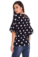 Navy Polka Dot Frill Sleeve Top