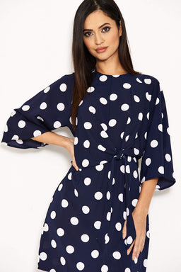 Navy Polka Dot Wrap Mini Dress With Tie Front