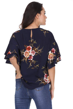 Navy Printed Flared Sleeve Top