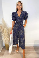 Navy Printed Puff Wrap Over Jumpsuit