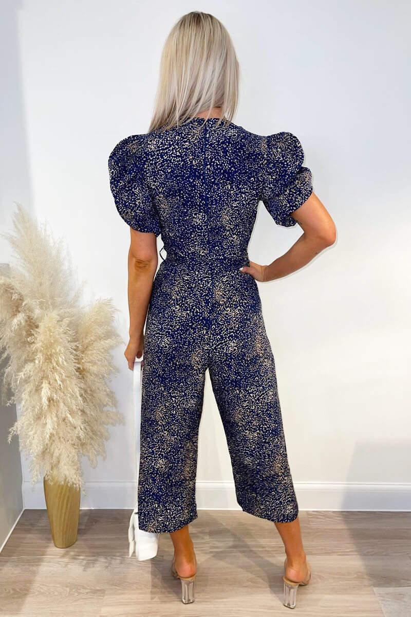 Navy Printed Puff Wrap Over Jumpsuit
