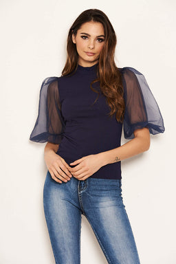 Navy Puff Sleeve Knitted Top