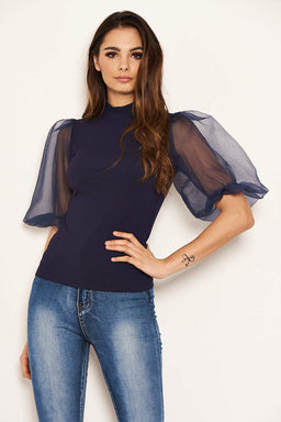 Navy Puff Sleeve Knitted Top