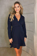Navy Ruched Cuff Wrap Dress