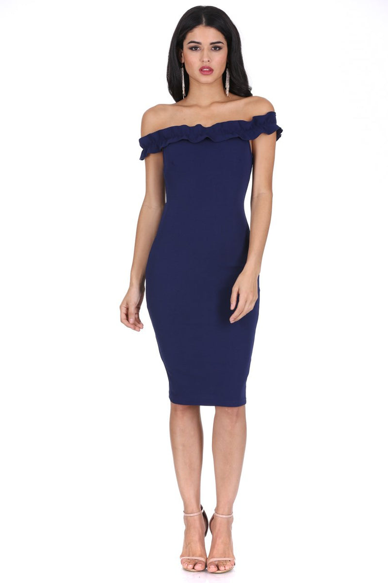 Navy Ruffle Bardot Midi Dress