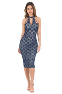 Navy Strappy Bodycon Lace Dress With Nude Underlay