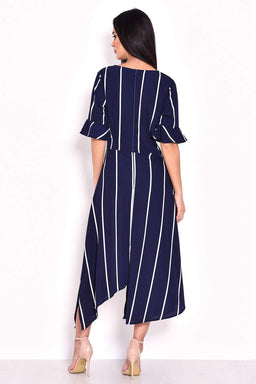 Navy Striped Asymmetric Hem Dress