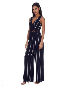 Navy Striped Crochet Detail Flared Leg Jumpsuit