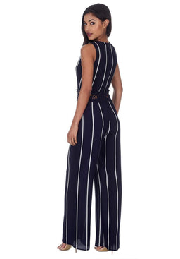 Navy Striped Crochet Detail Flared Leg Jumpsuit