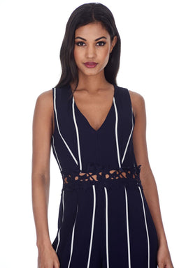 Navy Striped Crochet Detail Flared Leg Jumpsuit