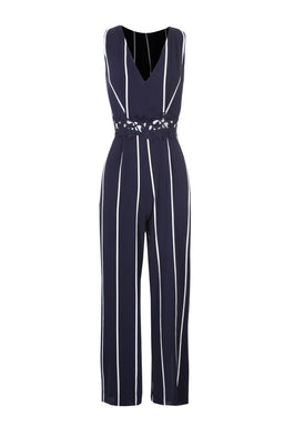 Navy Striped Crochet Detail Flared Leg Jumpsuit