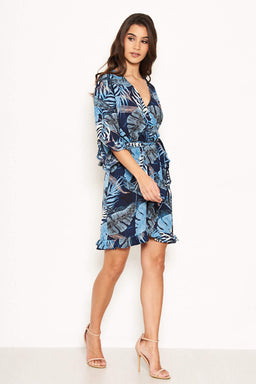Navy Tropical Print Wrap Dress