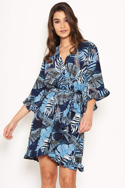 Navy Tropical Print Wrap Dress