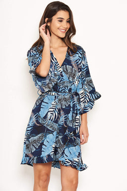 Navy Tropical Print Wrap Dress