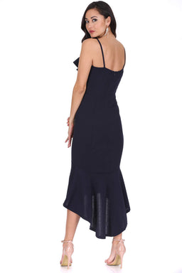Navy Wrap Fishtail Midi Dress