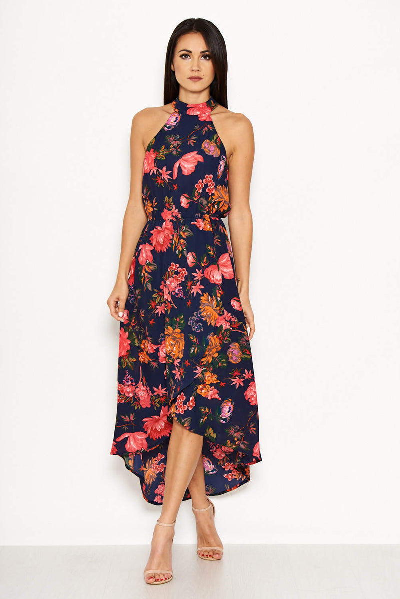 Navy Floral Cut in Neck Wrap Dress
