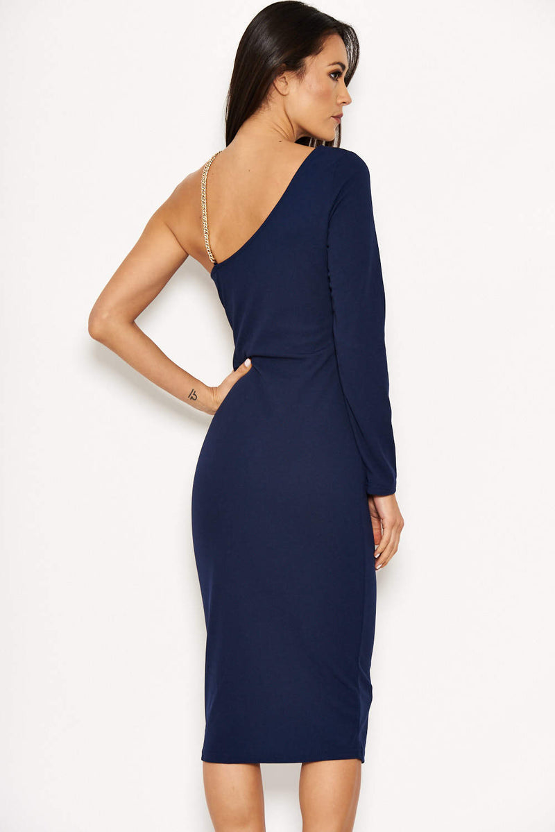 Navy One Shoulder Dress With Gold Detail